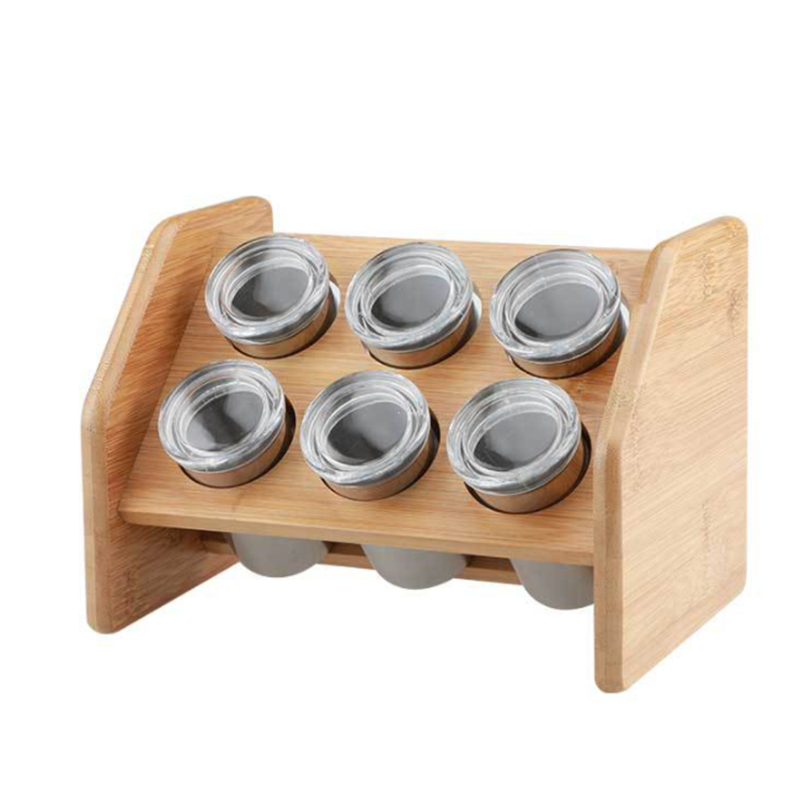 Factory Wholesale 6 Stainless steel Jars Kitchen Wooden Spice Rack Stand Holder Set Seasoning Pot cruet set