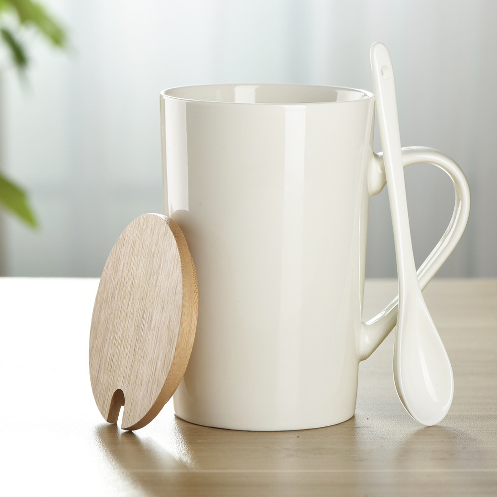 Olovn Custom Logo Printed Sublimation Ceramic Coffee Cups Set porcelain mug with wooden lid and spoon