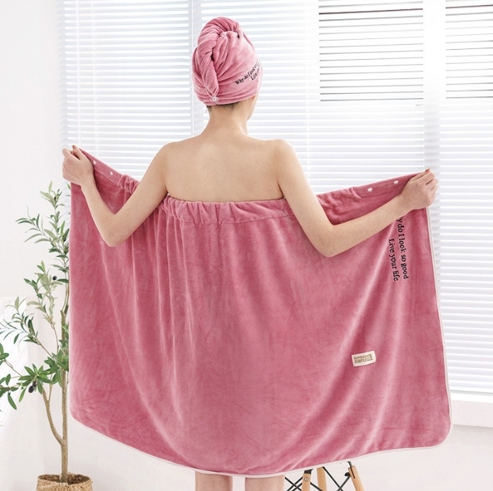 Women Soft Absorbent Microfiber Spa Wrap Bath Robe Towel and Dry Hair Shower Cap
