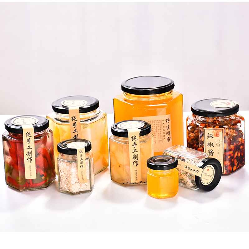 Wholesale 45ml,85ml,100ml,180ml,280ml,380ml,730ml Storage Glass Jar Hexagon Clear Glass Storage Bottles & Jars Cover Everyday