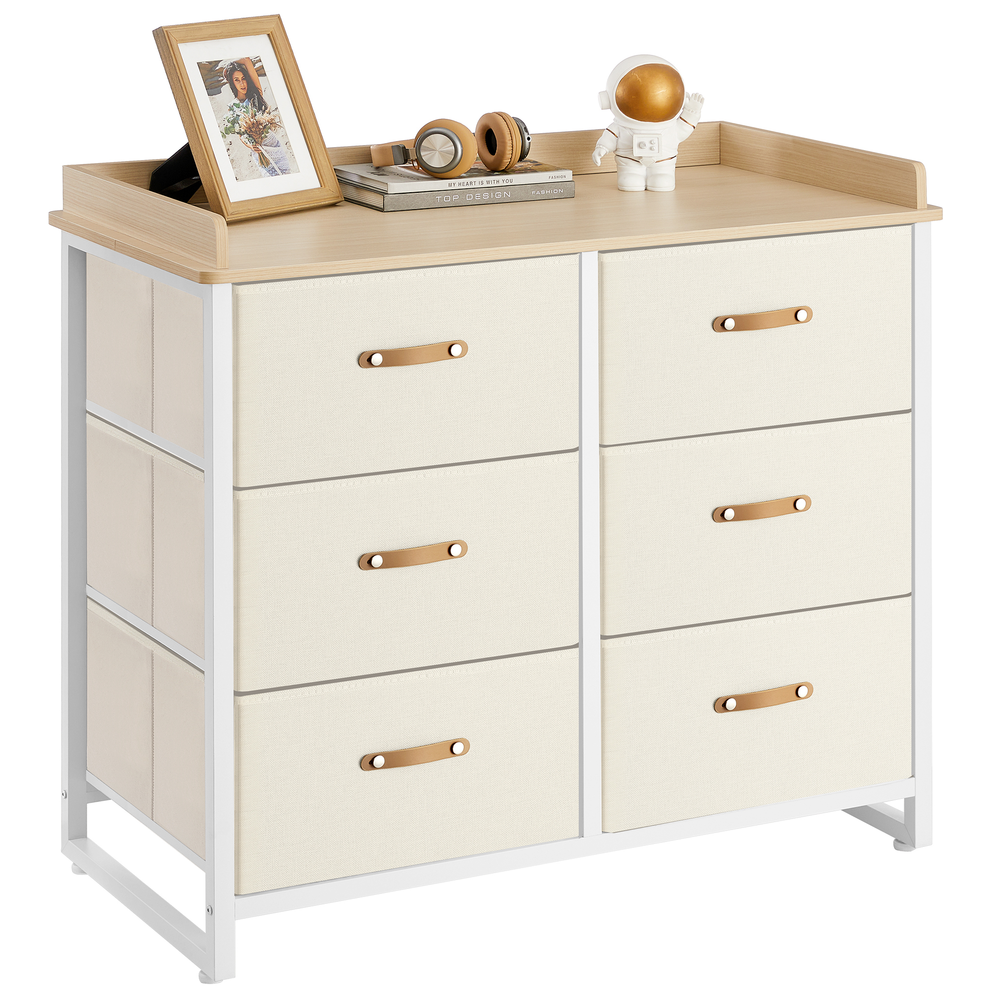 VASAGLE Beige living room Chest of Drawers 6 Drawers Wood Top Storage Dresser Furniture Unit