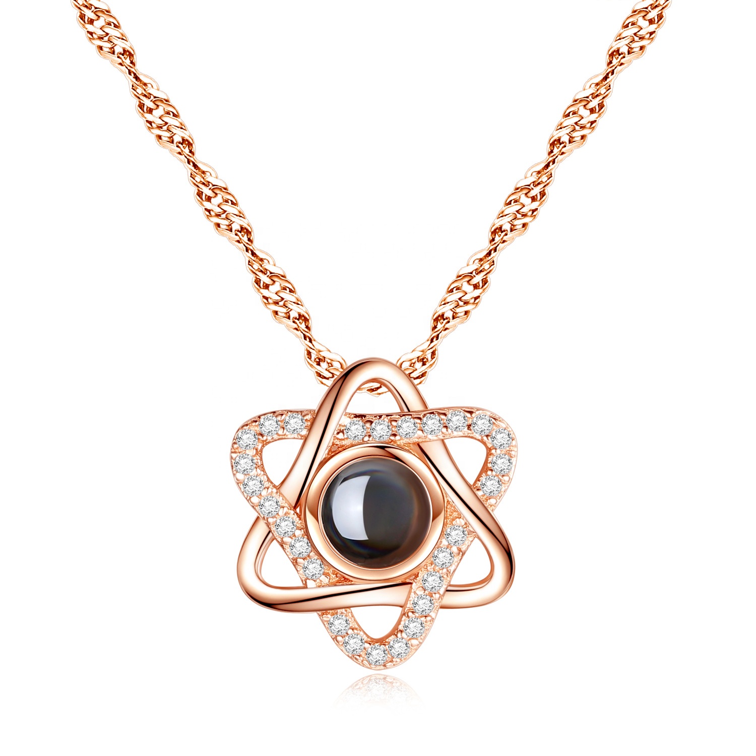 925 Silver Six Pointed Star Nano Project Engraved 100 Different Languages I Love You Necklace