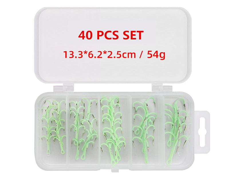 40 pcs Glow Treble Fishing Hooks Carbon Steel Offset Fishhook 10#-2# Bass Barbed Carp Fish Hook