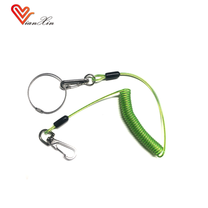 PU Coating Elastic Tool Cord Spring Coiled Cable Tool Lanyard with Steel Hooks
