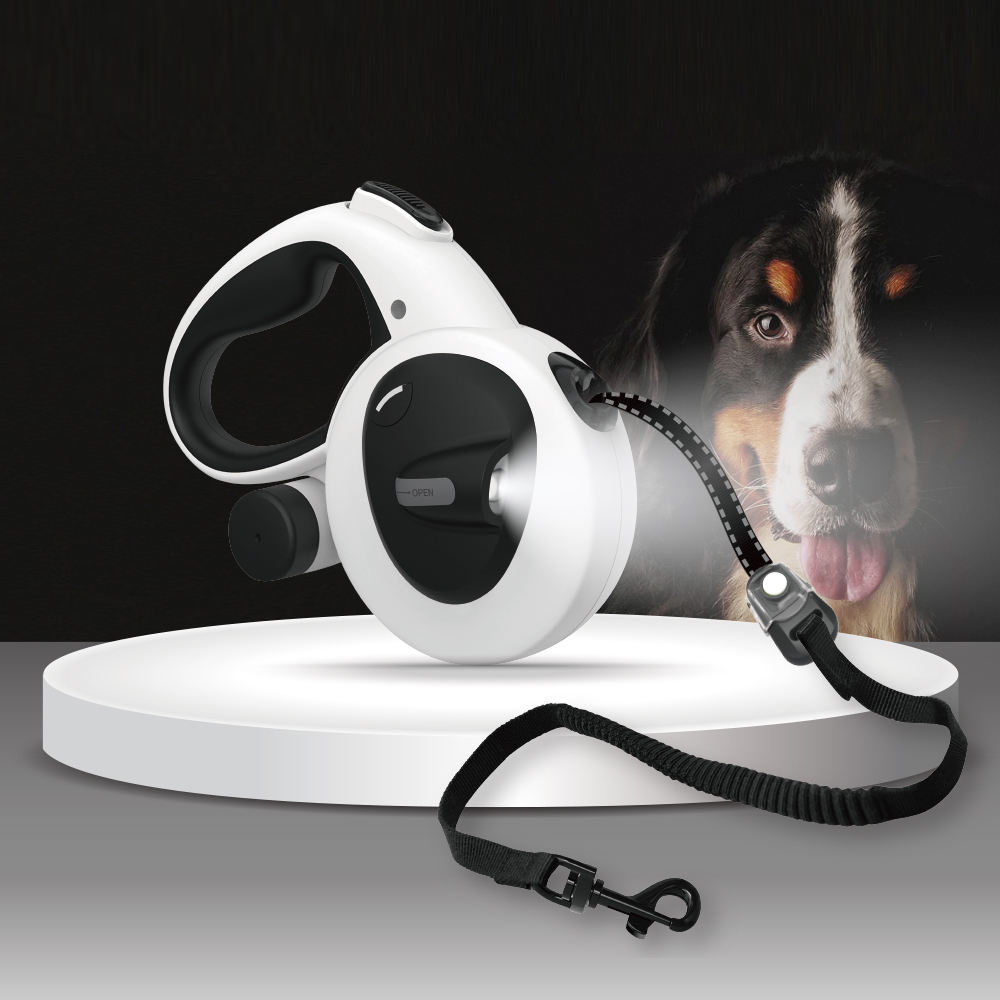 New Design Light Up Usb Rechargeable Retractable Pet Dog Leash With Led Flashlight Poop Bag Dispenser