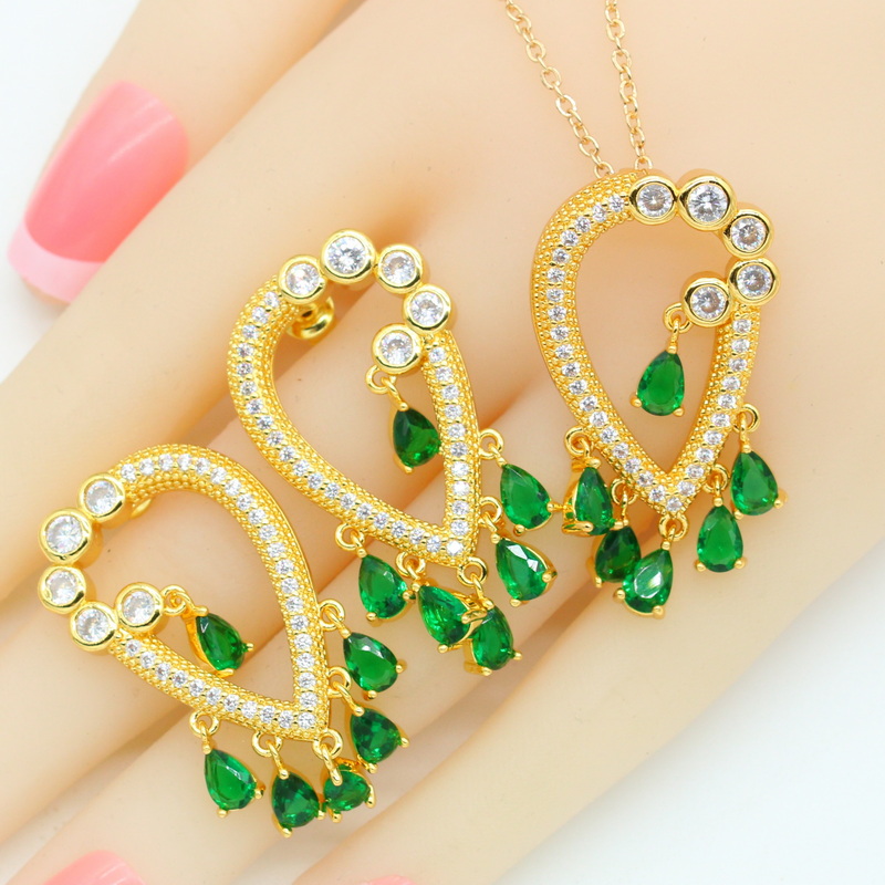 Luxury Green Stones Dubai Gold Color Bridal Jewelry Sets For Women Necklace Pendant Earrings Gift Box Purple Blue Zirconia