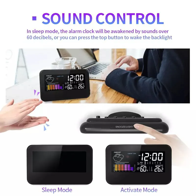 Promotional Desktop Voice Control Electronic Clock Multi-functional Color Screen Digital Alarm Clock Weather Station Clock