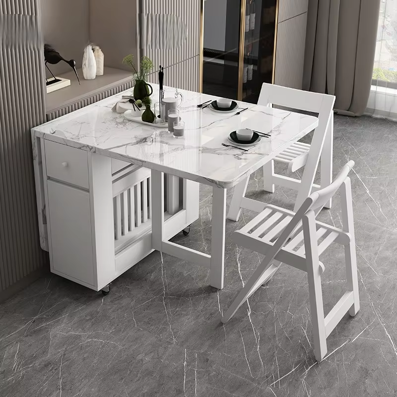 Modern White Color Folding Dining Table and Chairs Wooden Multifunctional Rectangle Foldable Furniture for Home Dining
