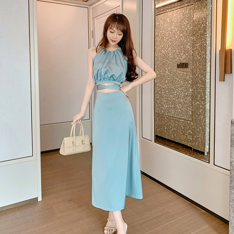 9283 Boutique Women Clothing Lace Up Halter Ladies Blouses A Line Long Skirt Two Piece Set Skirt