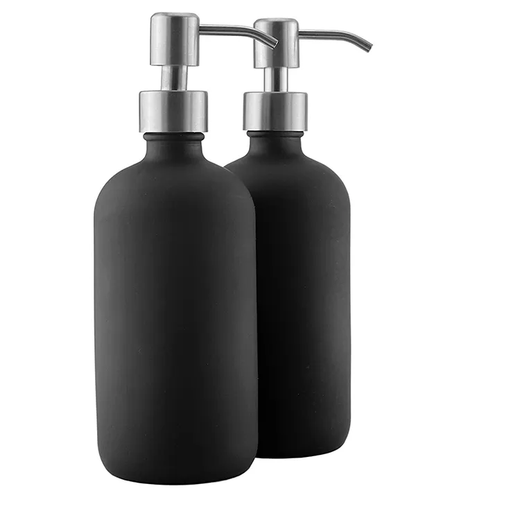 High Quality Hot Selling 480 ml  Matte Black Glass Soap Dispenser with Stainless Steel Pump