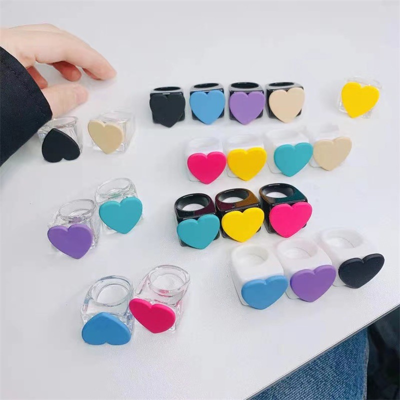 Korean Retro Geometric Love Acrylic Ring Cute Candy Color Resin Heart Ring For Women Girl