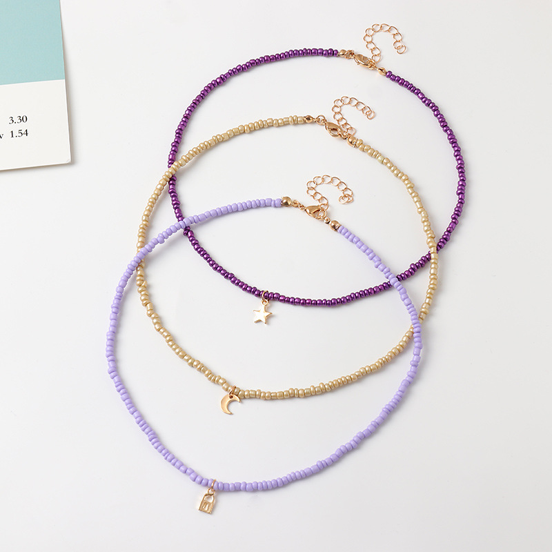 3pcs/set Colorful Acrylic Seed Beads Star Moon Lock Butterfly Pendant Necklace for Women Party Summer Jewelry Gift 2021 New