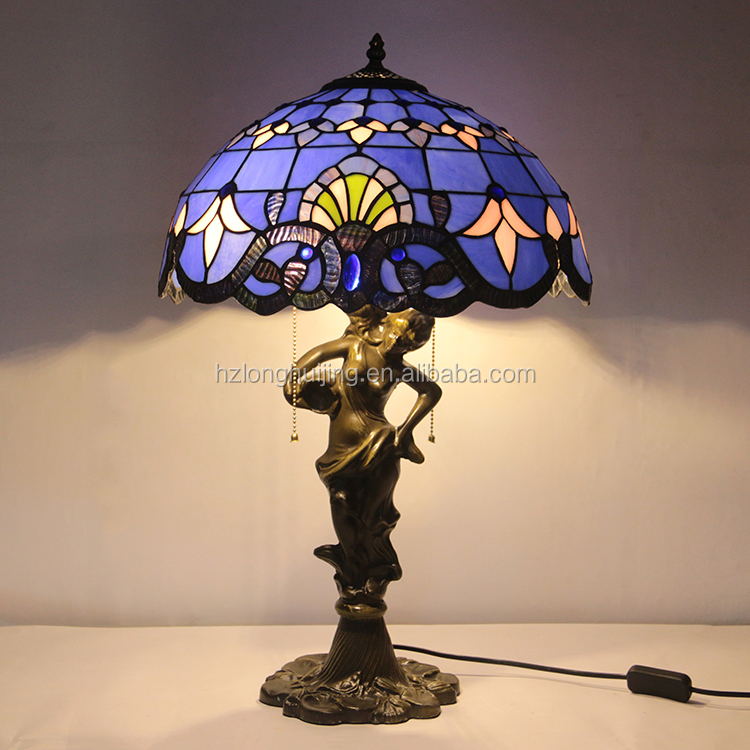 LongHuiJing 16Inch Wide Flowers Stained Glass Handcrafted Table Desk Lamp Resin material stand base lamps