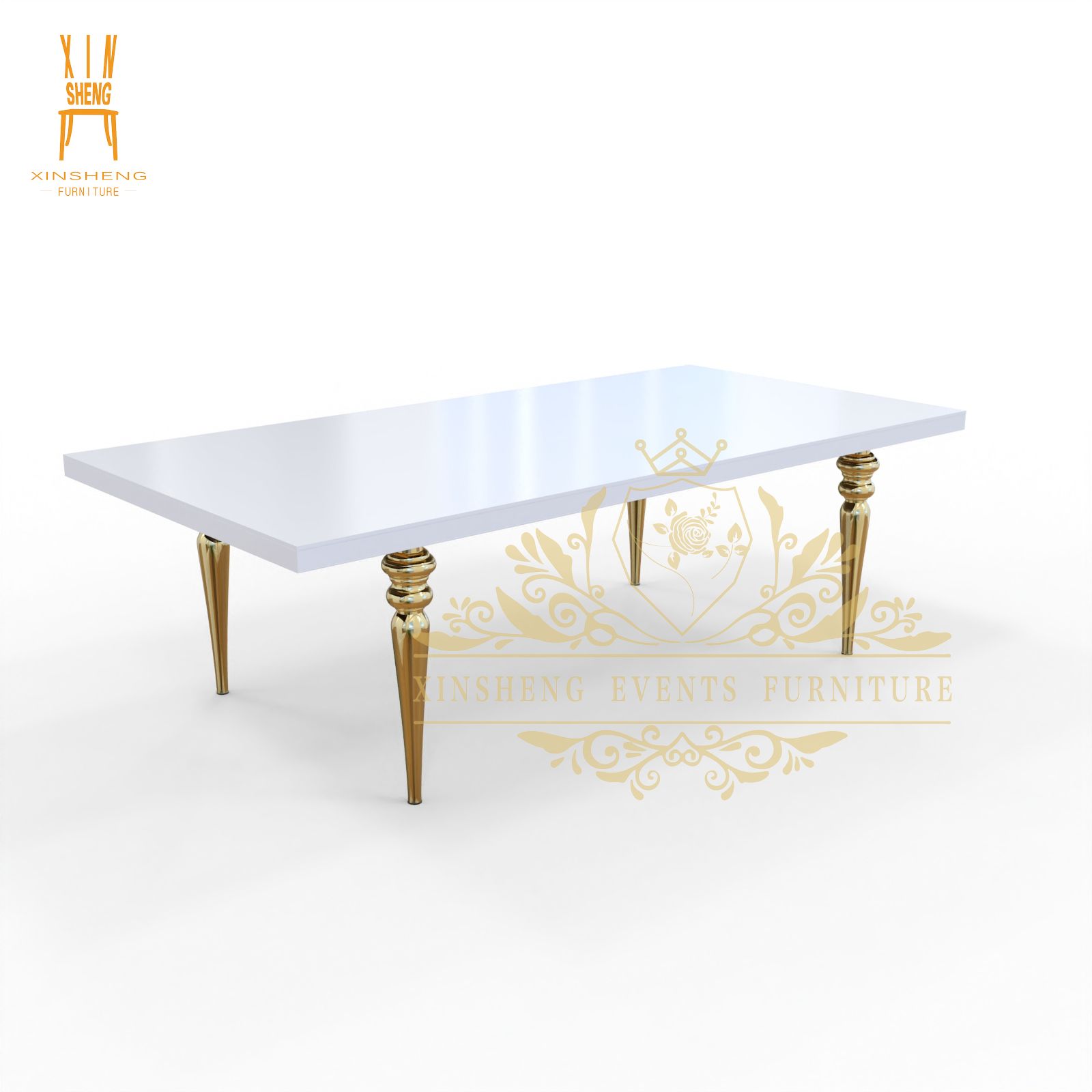 Rent Furniture Wedding Event White MDF top Gold stainless steel frame Dining Table