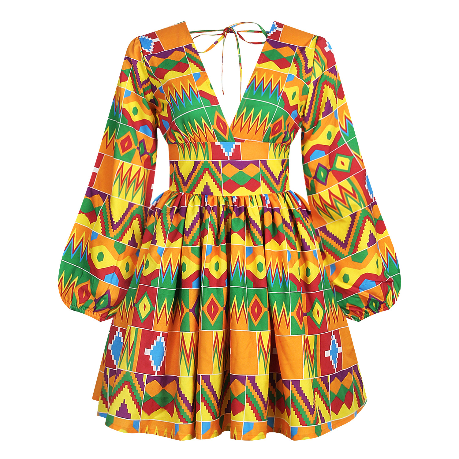 New Arrival Ethnic Digital Printed Women Long-sleeve V-neck Sexy Backless Big Wave Women Dress