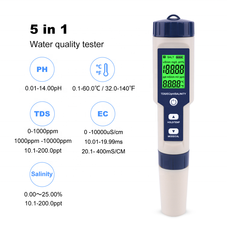 Цифровой портативный 5 в 1 TDS/EC/PH/соленость/измеритель температуры качество воды тестовая ручка многофункциональный водонепроницаемый измеритель солености