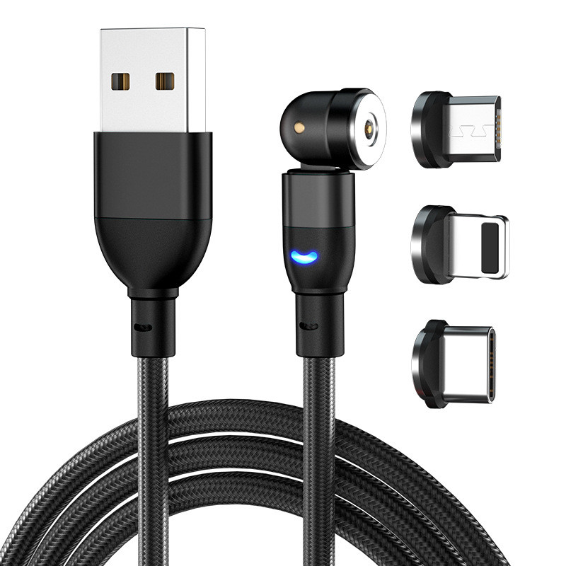 Wholesale 540 Rotation Magnet 3in 1 Nylon Led Micro USB Type C data Magnetic Charging Cable for phone