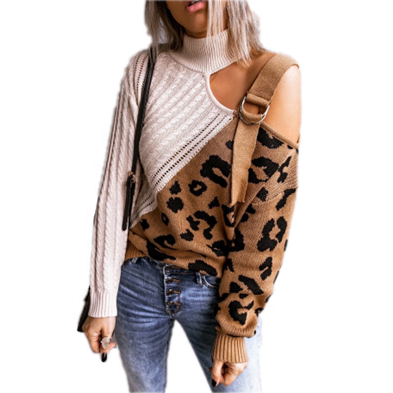 Wholesale Womens Winter Clothing 2021 Round Neck Casual Leopard Print Splice Knit Long Sleeve Women Sweater
