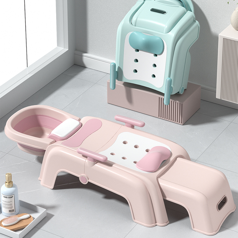 Foldable Baby Shampoo Chair with Shampoo Basin and Head Cushion Waterproof Kids Wash Hair Chair