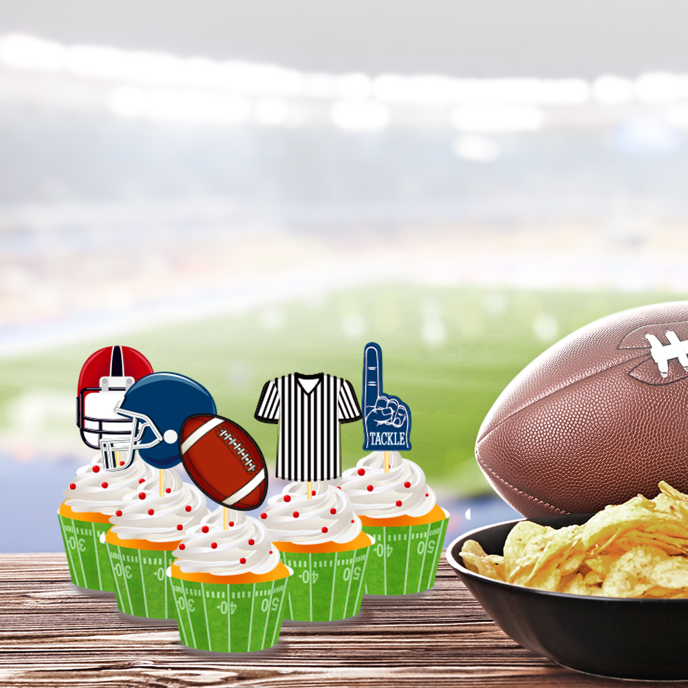WB033 Rugby Theme Cupcake Toppers Wrappers American Football Paper Cake Topper Decorations Kids Happy Birthday Party Supplies