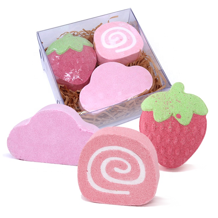 Custom Organic Essential Oil Moisturizing Cake Strawberry Rainbow Cloud Shape Bath Bomb Pvc Box Gift Set For Kids