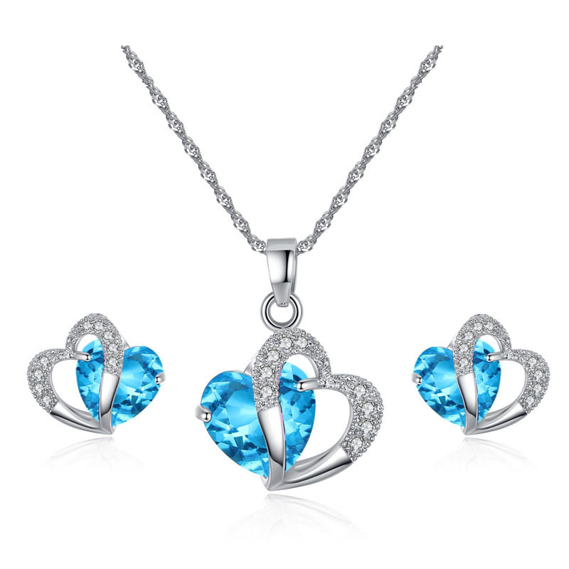 Luxury Zircon Heart Pendant Crystal Silver Necklace Earrings Set Double Heart Blue Sapphire Jewelry Set for Women (KJ077)