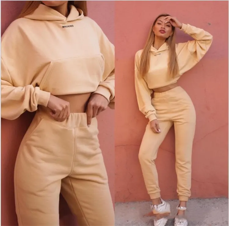 Women 2021 Spring Casual Two Piece Midriff Crop Top Hoodie Tracksuit 2 Piece Clothing