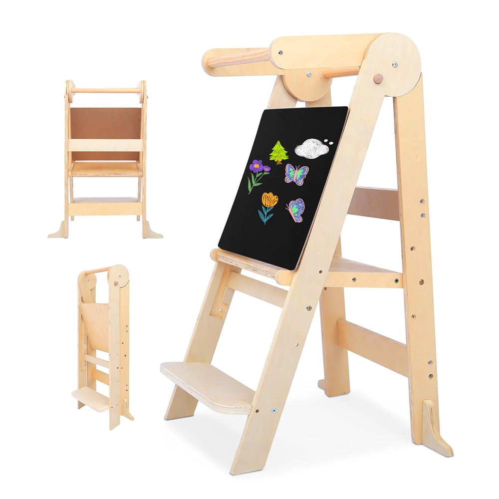 Kid Foldable Kitchen Helper Step Stool Learning Tower For Children Wooden Montessori toddler learning tower With Blackboard