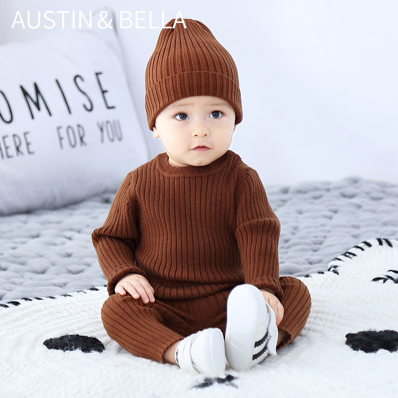 AustinBella/оптовая продажа, изысканная вязаная детская одежда для мальчиков, комплект из 3 предметов, свитер для новорожденных, зимняя дизайнерская трикотажная одежда