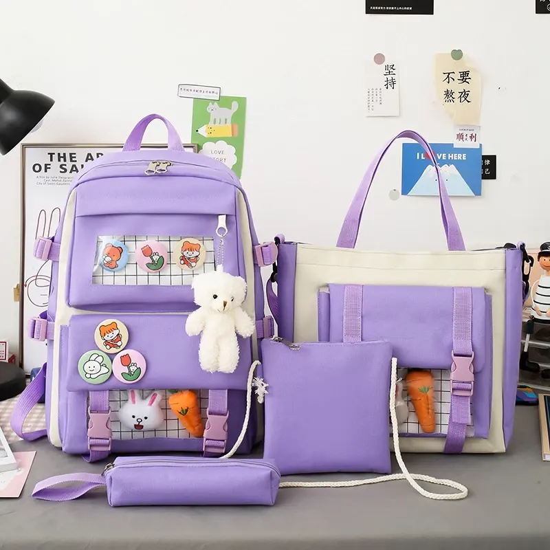 Custom Multi-piece Set Female Backpack Cartoon Students School Bag Large Capacity Waterproof Girls Backpack