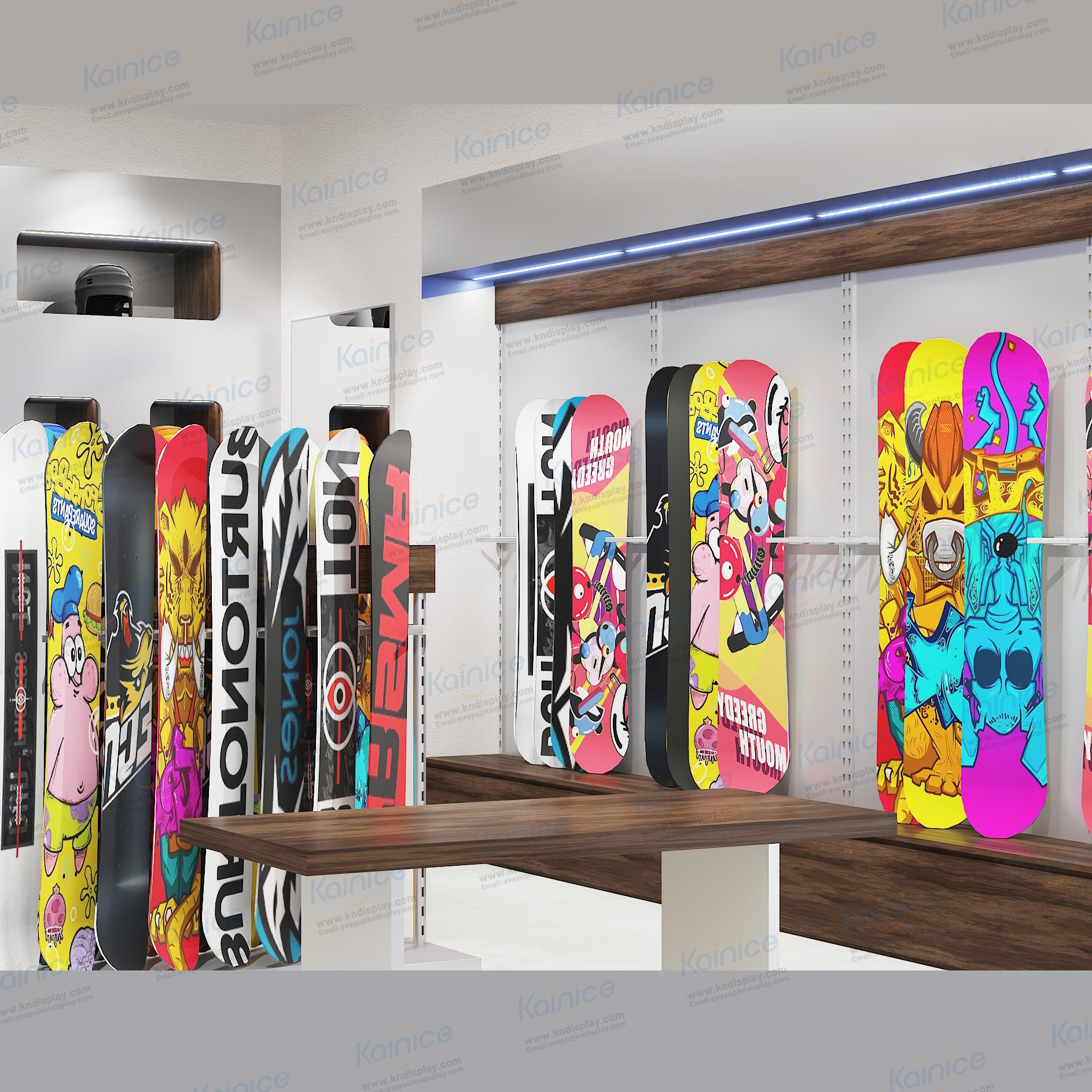Kainice ski wood wall mount snowboard acrylic metal display stand skiing storage shelf rack snowboard display rack