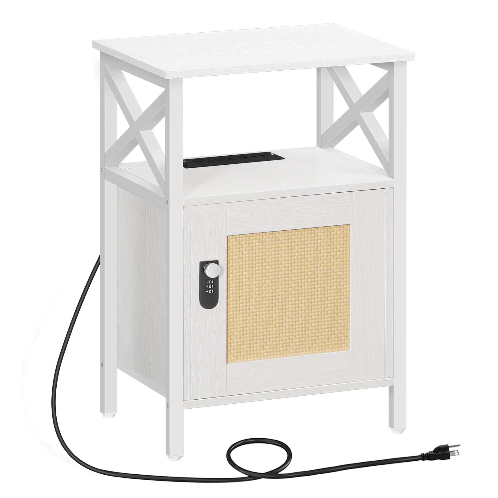 White Nightstand with Charging Station, Modern Bedside Table with Rattan Style Door, Bed Side Table with Combination Lock