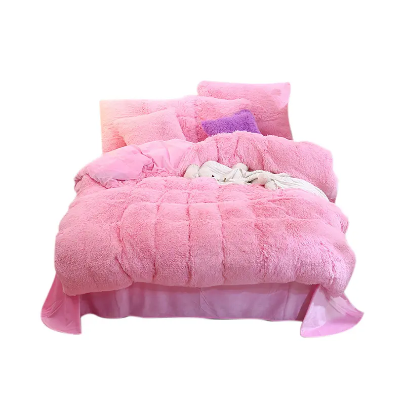 Luxury 4 pieces winter warm 100 polyester faux fur velvet fluffy duvet cover queen bed cover bedding set pink