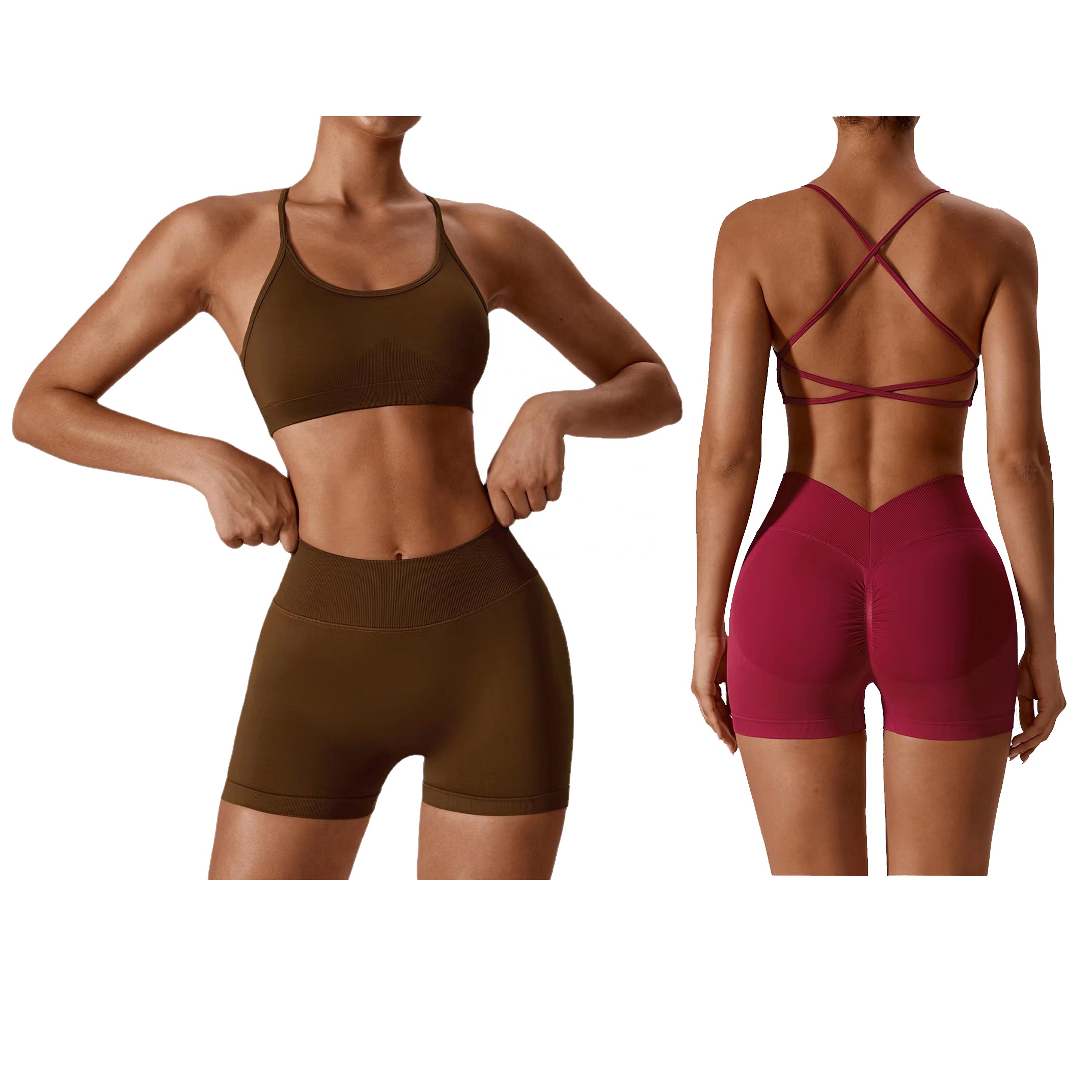 Wholesale Oem Cross Back Sports Bra And Seamless V-waist Short Activewear Athletic Jogger Gym Fitness Yoga Set