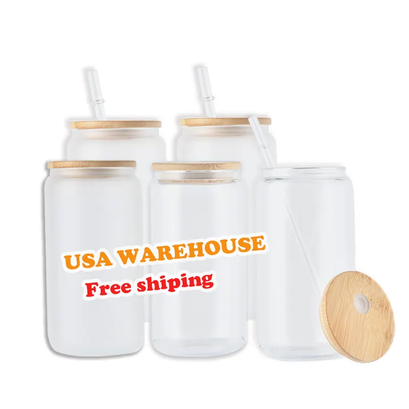 USA Warehouse 16Oz Sublimation  Clear Frosted Mason Jar Beer Can Glass Cup With Bamboo Lid