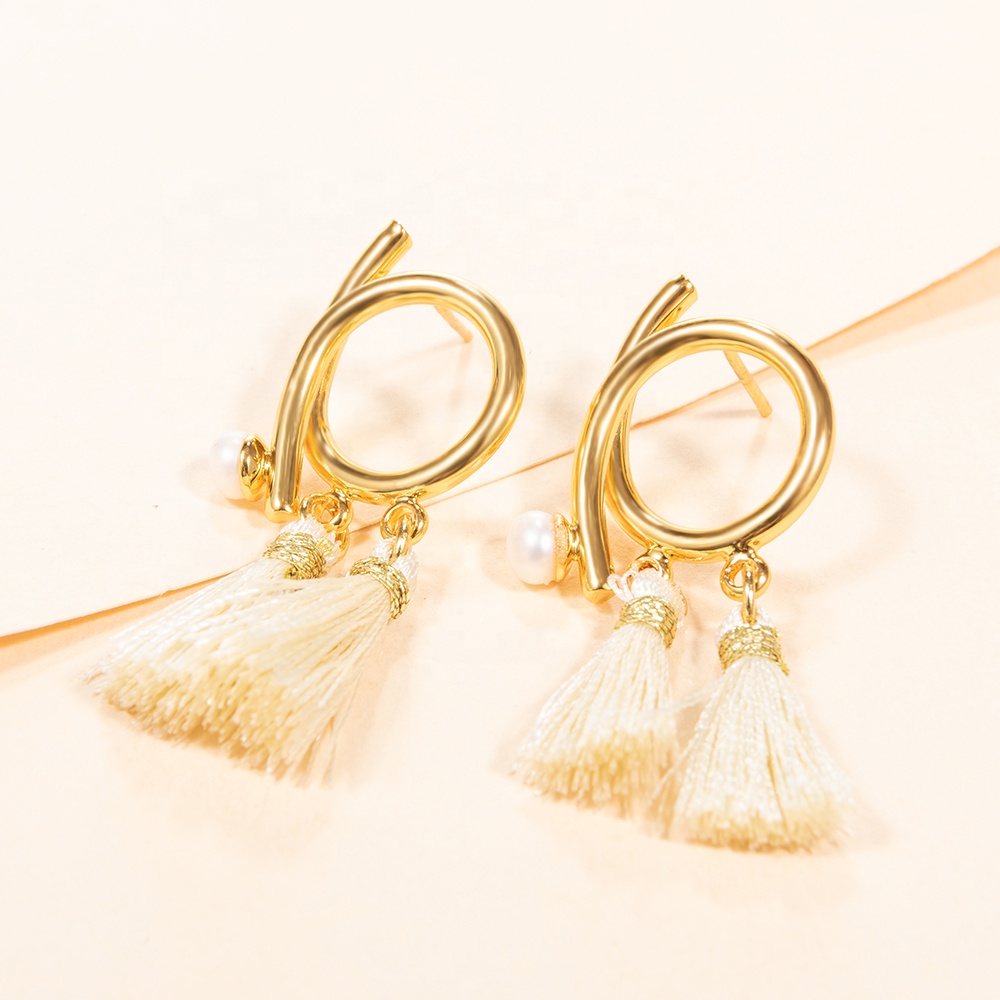 Wholesale natural seawater pearl 18k real gold plated copper dangle thread tassels wedding engagement earrings for women jewelry