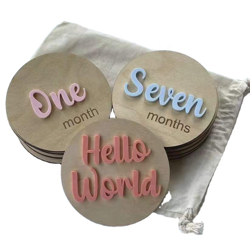 Pregnancy Announcement Monthly Milestone Card, Newborn Baby Shower Gifts, engraved hello world wooden monthly milestone