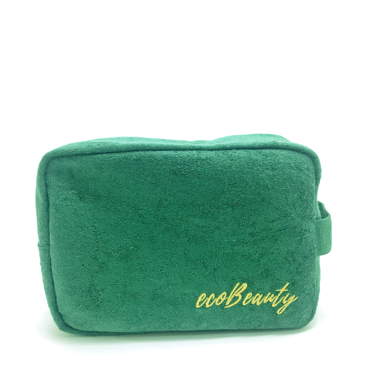 Eco friendly darker green RPET terry cloth makeup bags sustainable towel cosmetic pouch for women