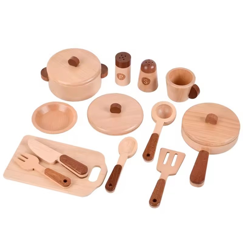 Montessori Kitchen Toys Play Dishes Kitchen Accessories Wooden Toddler Kitchen Play Set Toy Birthday Gift Sets for Kids Girl Boy