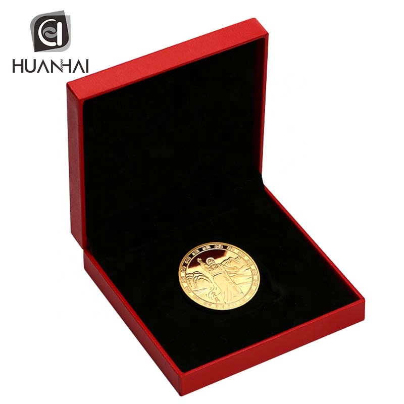 custom shiny gold plated logo brass coin with red box