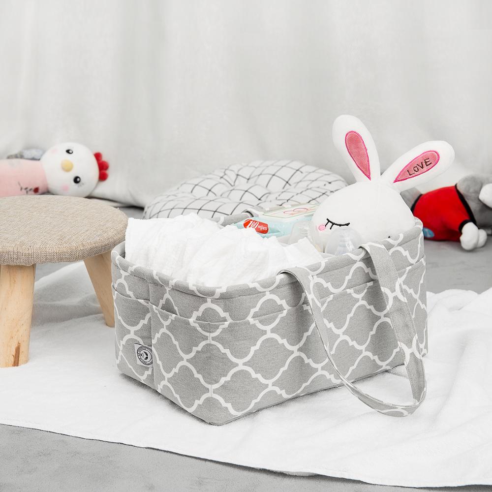 QJMAX Nursery Diaper Caddy Organizer With 3 compartments Foldable Canvas Diaper Storage Basket Great Baby Shower Gift Bag