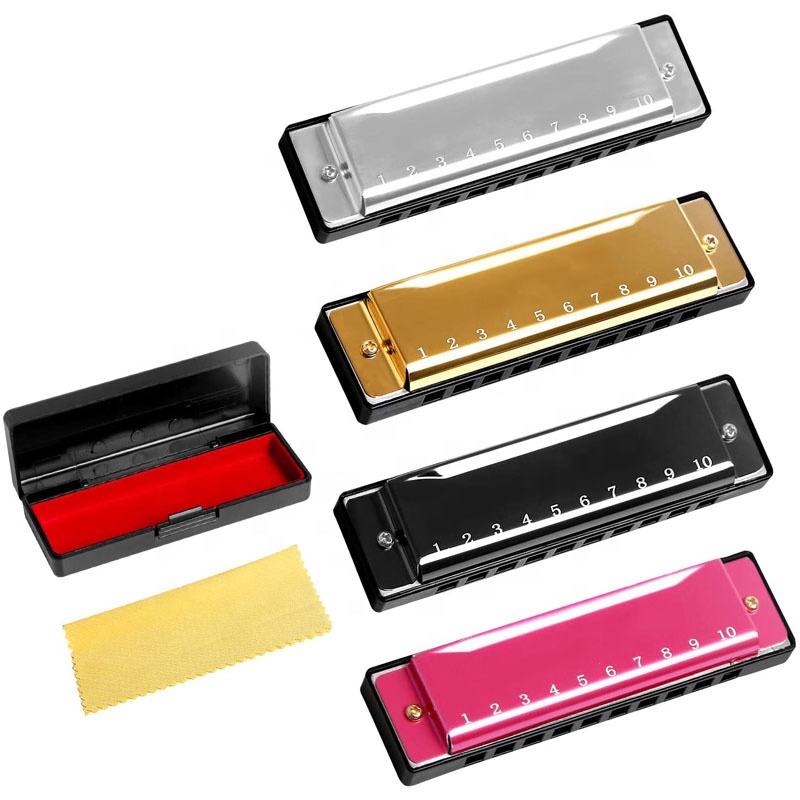 Wholesale 10 Hole diatonic mouth metal harmonica 24 holes harmonica chromatic with Case Cleaning Cloth for Beginner