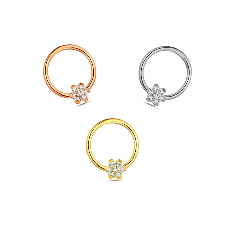 Newness 18G 16G 14G 316L Surgical steel Hinged Segment Ring with prong set CZ flower body jewelry/piercing jewelry