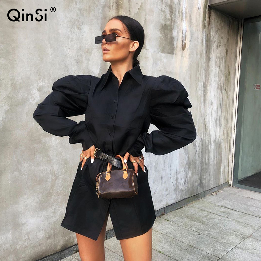 QINSI офисные женские платья-рубашки с завышенной талией, женское повседневное мини-платье, женские рубашки, деловое платье с длинным рукавом, женское элегантное платье