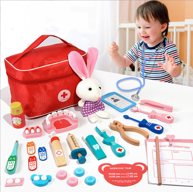 HEBEIER Factory direct sales kids pretend play wooden medicine box toys educational wooden doctor set game for children
