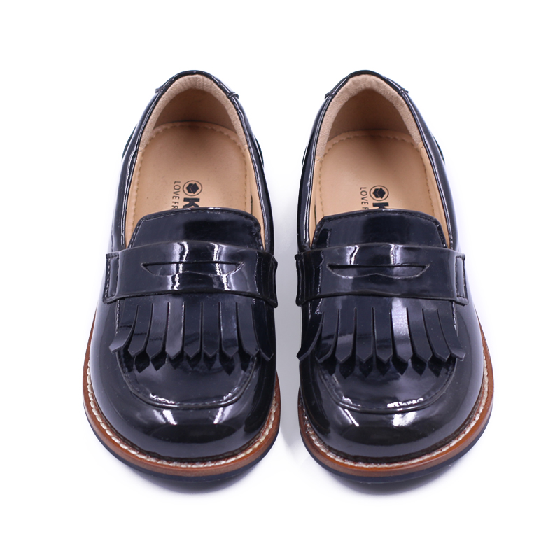 New soft soled moccasin shoes with cow hide and bright face leather baby black Oxford School Uniform shoes