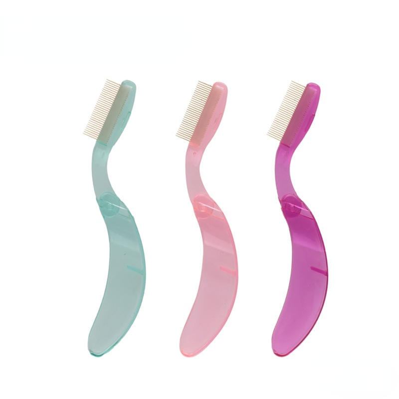 Foldable Stainless Steel Needle Eyebrow Comb / Eyelash Comb Curved Plastic Handle Beauty Tool Drop shipping