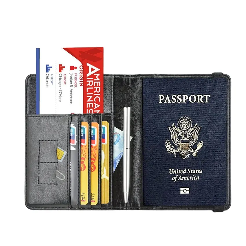 Оптовая продажа пользовательских путешествий Персонализированные RFID Бумажник Пу кожа Обложка для паспорта держатель эластичная лента США кожаный держатель паспорта