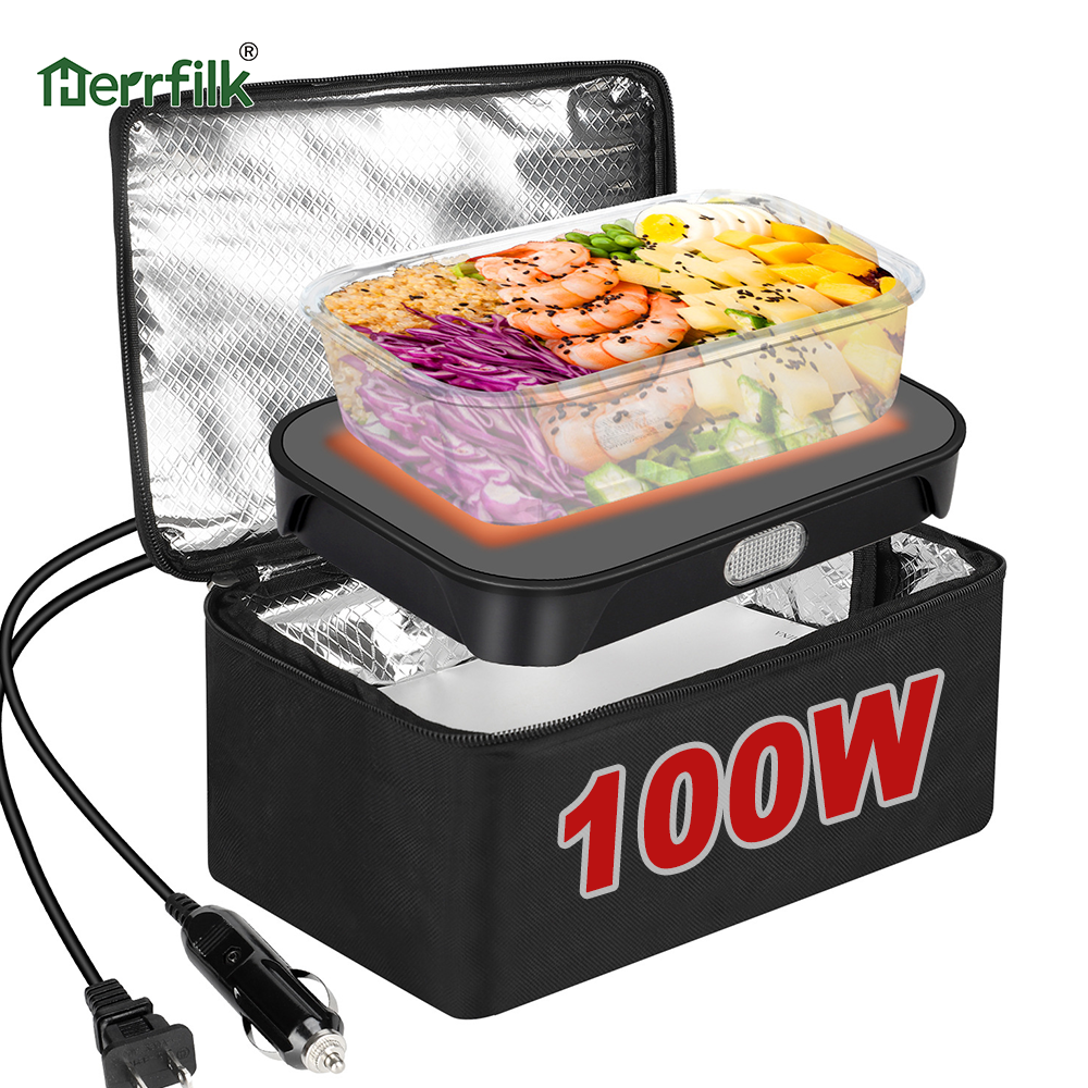 Herrfilk 100W Portable Heated Lunch Box Thermal Bag Heating Plate Electric Lunch Box Food Warmer with Outdoor Aluminum Lid