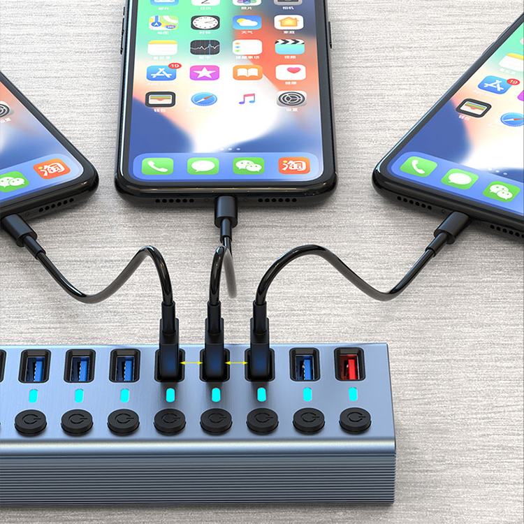Высокоскоростной концентратор Pogo usb 3,0, 12 портов, независимый переключатель 12 Вт, каждый usb-порт, USB-концентратор с блоком питания
